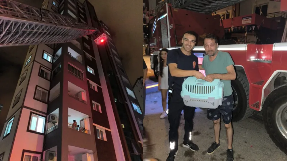  6. kattaki balkon demirlerine sıkışan kedi kurtarıldı